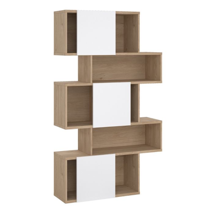 Maze Asymmetrical Bookcase with 3 Doors in Jackson Hickory and White High Gloss - UK