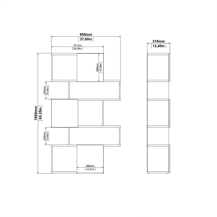 Maze Asymmetrical Bookcase with 3 Doors in Jackson Hickory and White High Gloss - UK