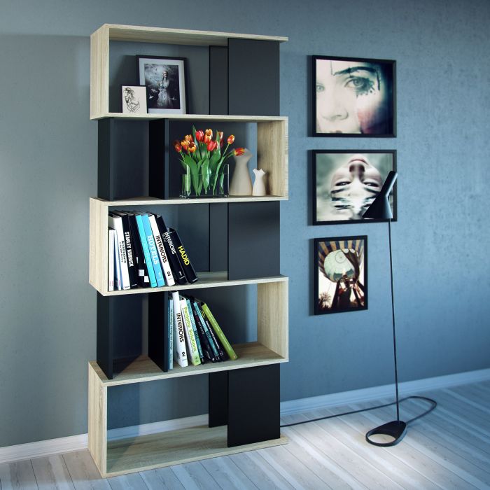 Maze Open Wooden Bookcase 4 Shelves in Oak and Black