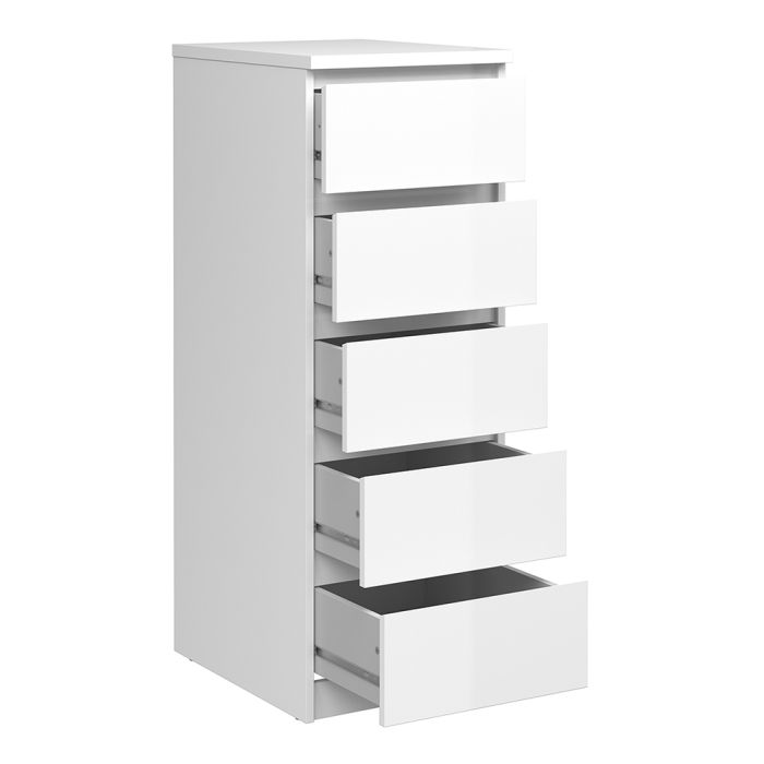 Naia Narrow Chest of 5 Drawers in White High Gloss - UK