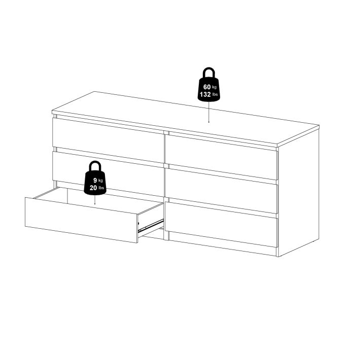 Naia Wide Chest of 6 Drawers (3+3) in White High Gloss - UK
