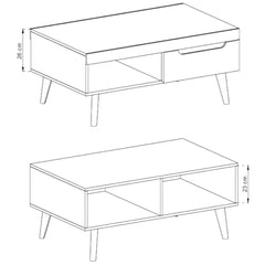 Nordi Wooden Coffee Table in White Matt carcass and White High Gloss with Oak Riviera decor and legs - 107cm