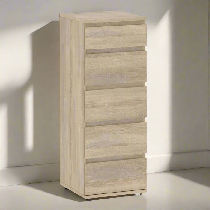 Nova Narrow Chest of 5 Drawers in Oak - UK