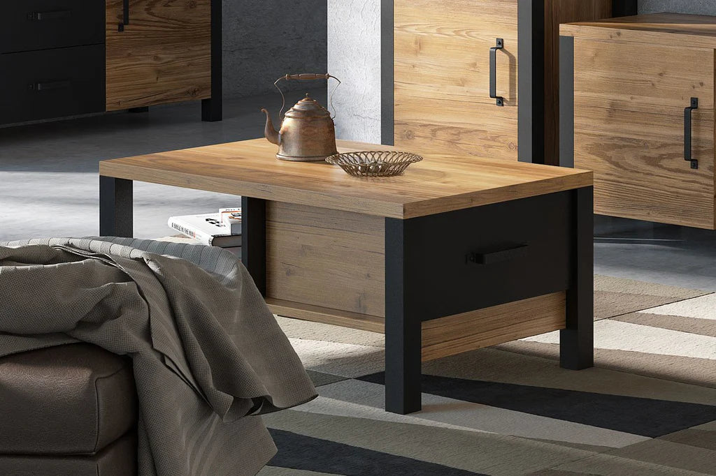 Olin Wooden Coffee Table in Appenzeller Fichte Oak and Black Matt - 56cm