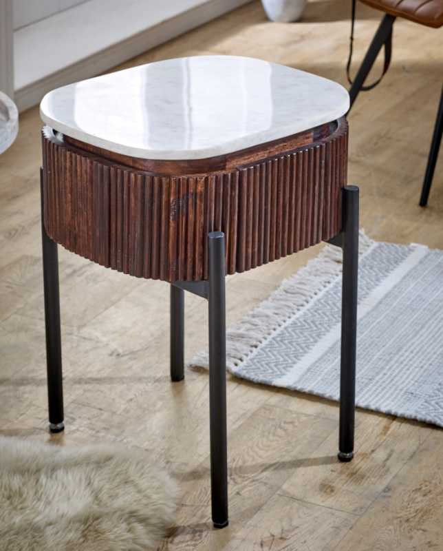 Opal Mango Wood Bedside Table With Marble Top & Metal Legs - UK