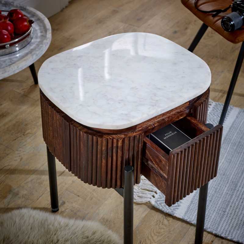 Opal Mango Wood Bedside Table With Marble Top & Metal Legs - UK