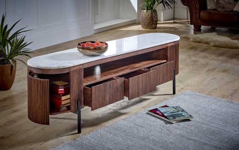 Opal Mango Wood Large Tv Stand With Marble Top & Metal Legs - UK