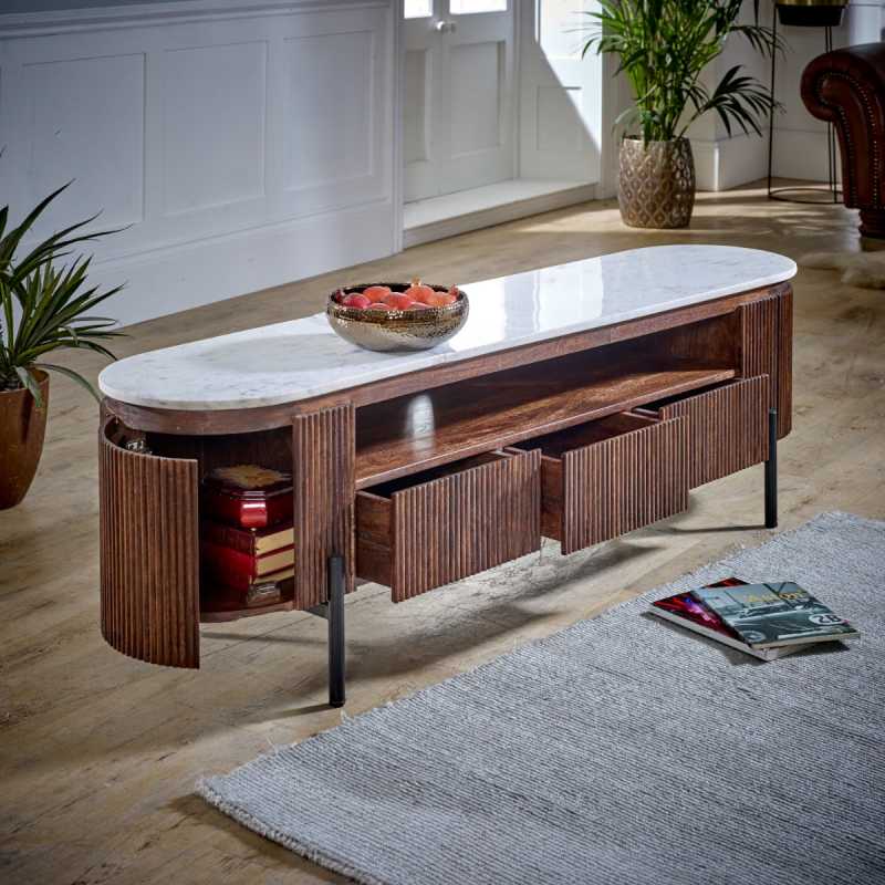 Opal Mango Wood Large Tv Stand With Marble Top & Metal Legs - UK