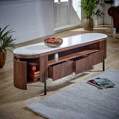 Opal Mango Wood Large Tv Stand With Marble Top & Metal Legs - UK - Furniture One Shop