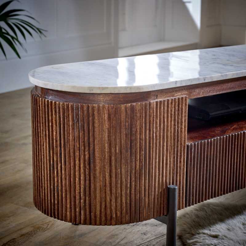 Opal Mango Wood Large Tv Stand With Marble Top & Metal Legs - UK