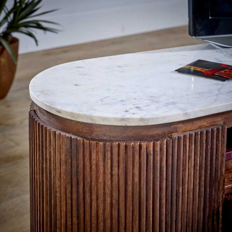 Opal Mango Wood Large Tv Stand With Marble Top & Metal Legs - UK