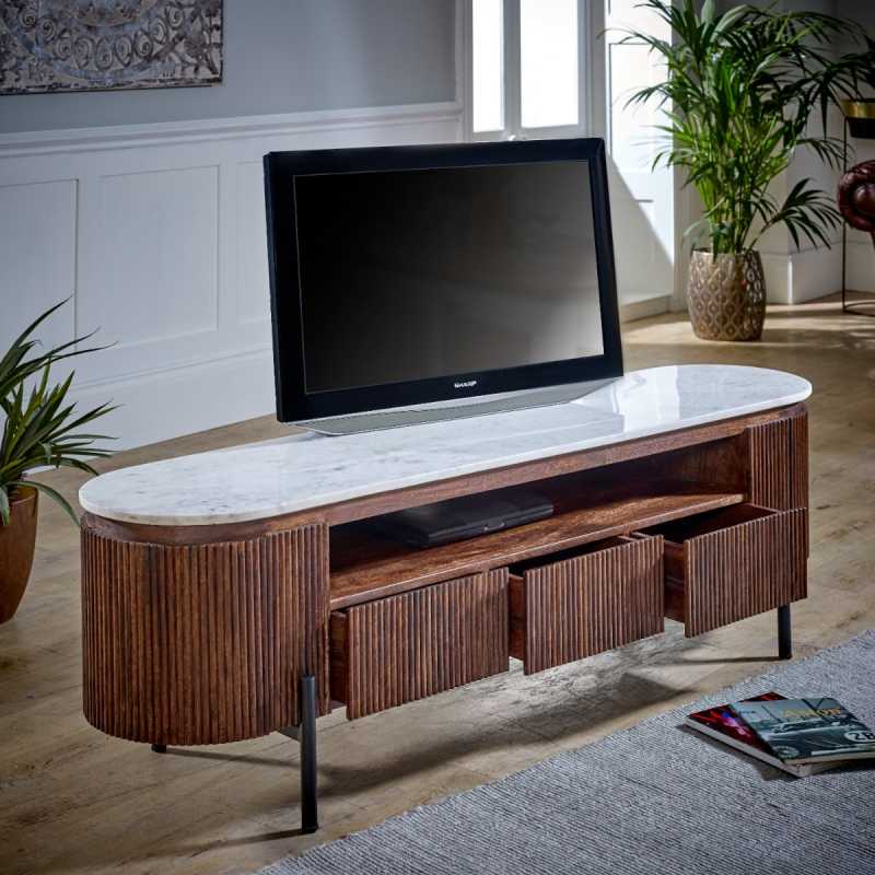 Opal Mango Wood Large Tv Stand With Marble Top & Metal Legs - UK