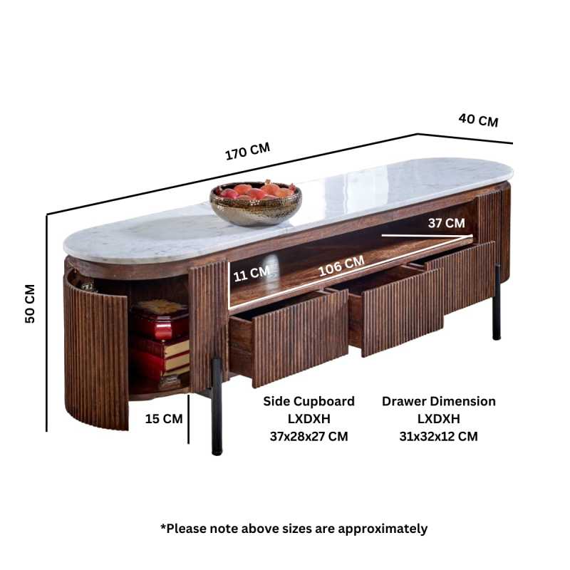 Opal Mango Wood Large Tv Stand With Marble Top & Metal Legs - UK
