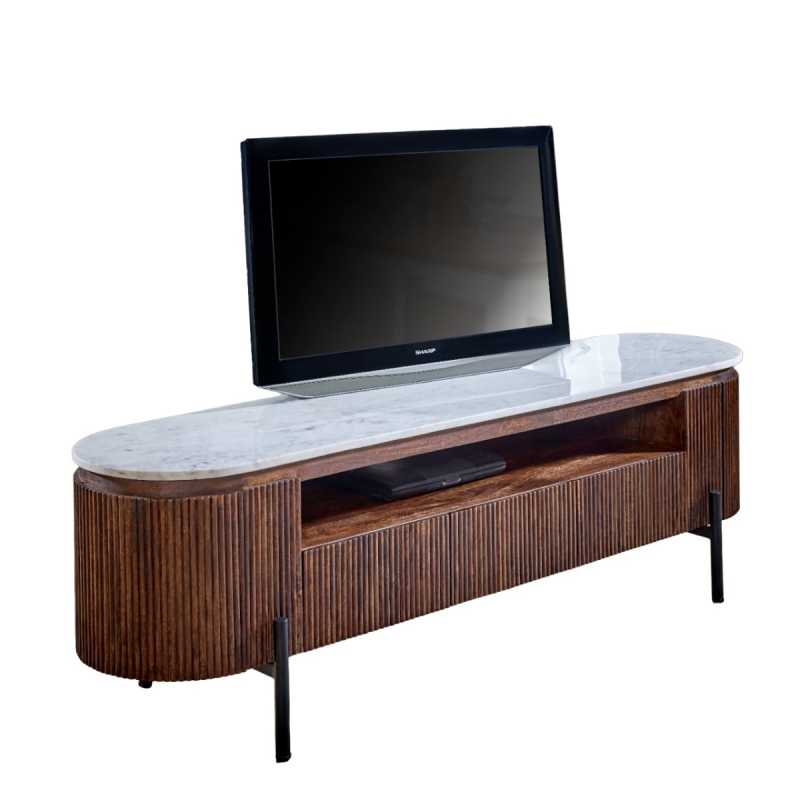 Opal Mango Wood Large Tv Stand With Marble Top & Metal Legs - UK