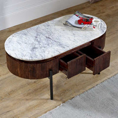 Opal Mango Wood Rectangular Fluted Coffee Table With Marble Top & Metal Legs -UK
