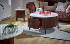 Opal Mango Wood Round Fluted Coffee Table With Marble Top & Metal Legs - UK - Furniture One Shop