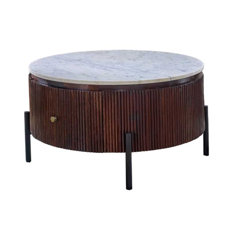 Opal Mango Wood Round Fluted Coffee Table With Marble Top & Metal Legs - UK