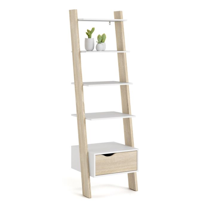 Oslo Leaning Bookcase 1 Drawer in White and Oak FSC Mix 70 % NC-COC-060652 - UK