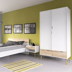 Oslo Package - Bedside 1 Drawer + Chest of 5 Drawers (2+3) + Wardrobe 2 Doors 2 Drawers in White and Oak - UK - Furniture One Shop