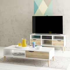 Oslo Wide TV Unit with 2 Drawers 4 Shelves in White and Oak - UK
