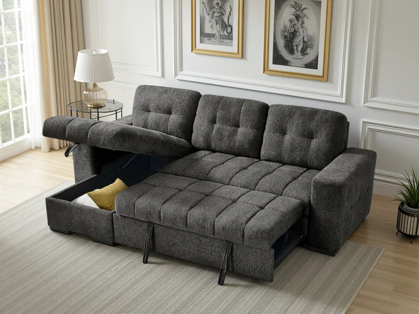 Palermo Universal Corner Sofa Bed In Grey Fabric with Storage