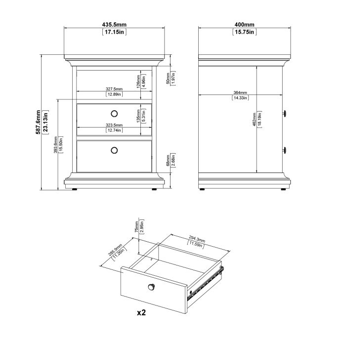 Paris Bedside 2 Drawers in Matt Grey - UK