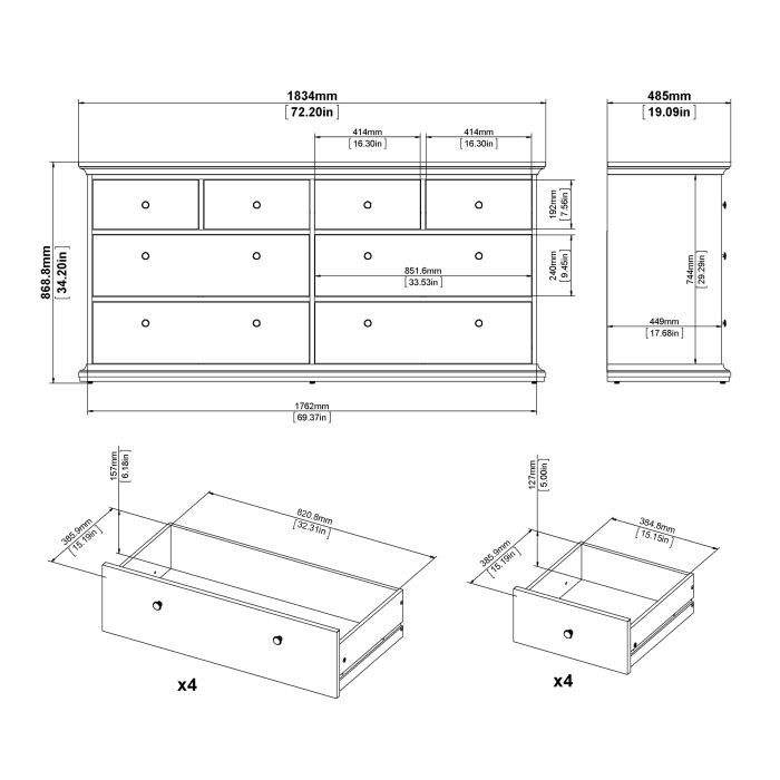 Paris Chest of 8 Drawers in Matt Grey - UK