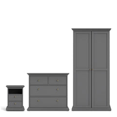 Paris Package - Bedside 2 Drawers in + Chest of 4 Drawers + Wardrobe with 2 Doors Matt Grey - UK - Furniture One Shop