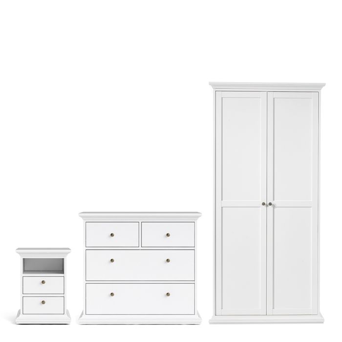 Paris Package - Bedside 2 Drawers in + Chest of 4 Drawers + Wardrobe with 2 Doors White - UK