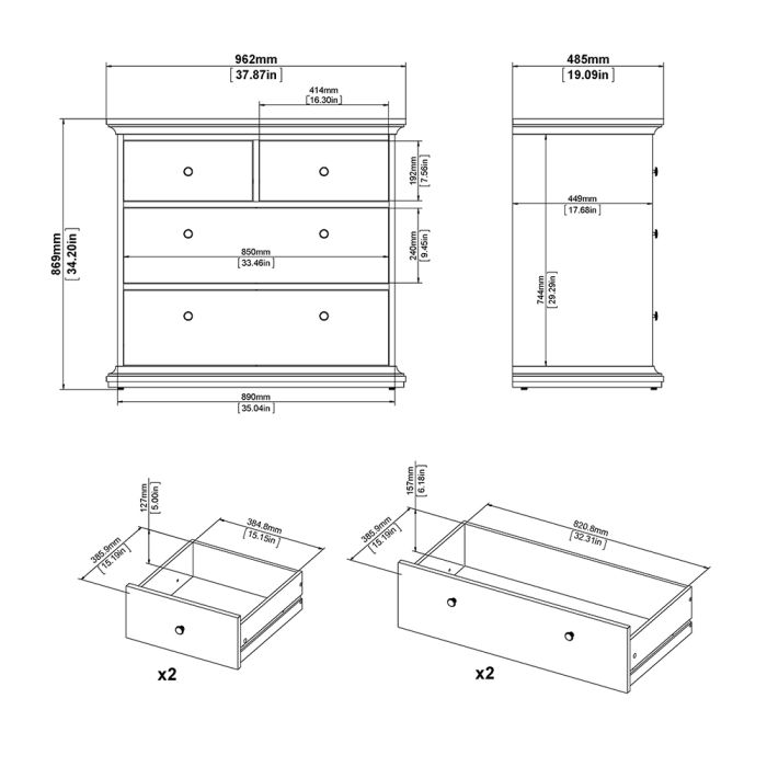 Paris Package - Bedside 2 Drawers in + Chest of 4 Drawers + Wardrobe with 2 Doors White - UK