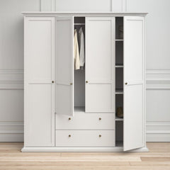 Paris Wardrobe with 4 Doors and 2 Drawers in White - UK