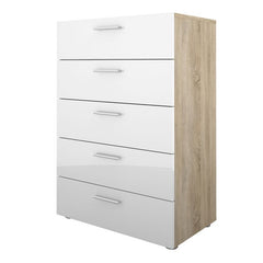 Pepe Chest of 5 Drawers in Oak with White High Gloss - UK - Furniture One Shop