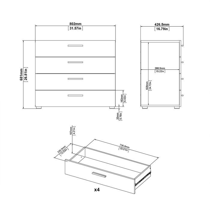 Pepe Package - Bedside 2 Drawers + Chest of 4 Drawers + Wardrobe with 2 doors in Black - UK