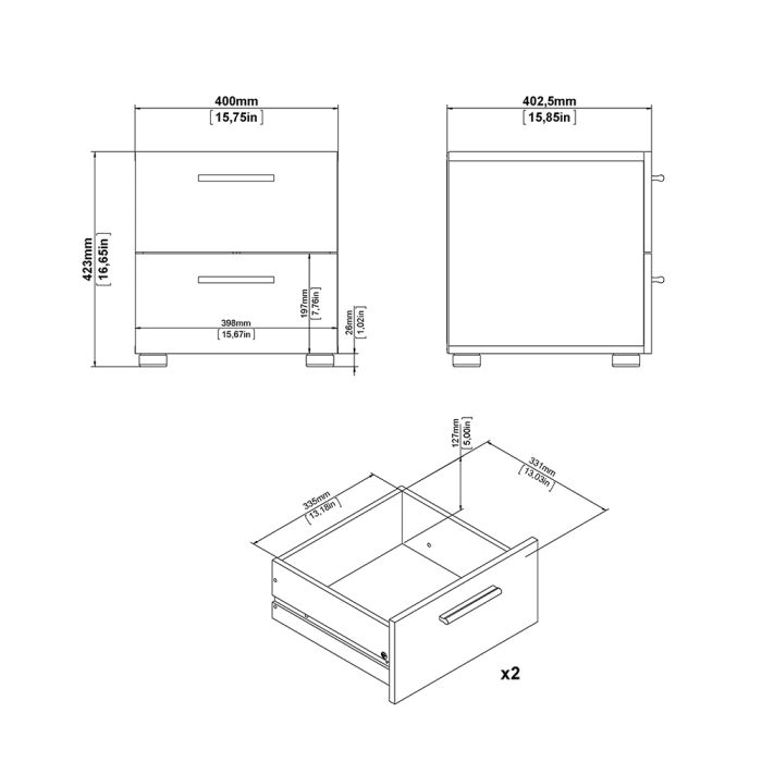 Pepe Package - Bedside 2 Drawers + Chest of 4 Drawers + Wardrobe with 2 doors in Black - UK