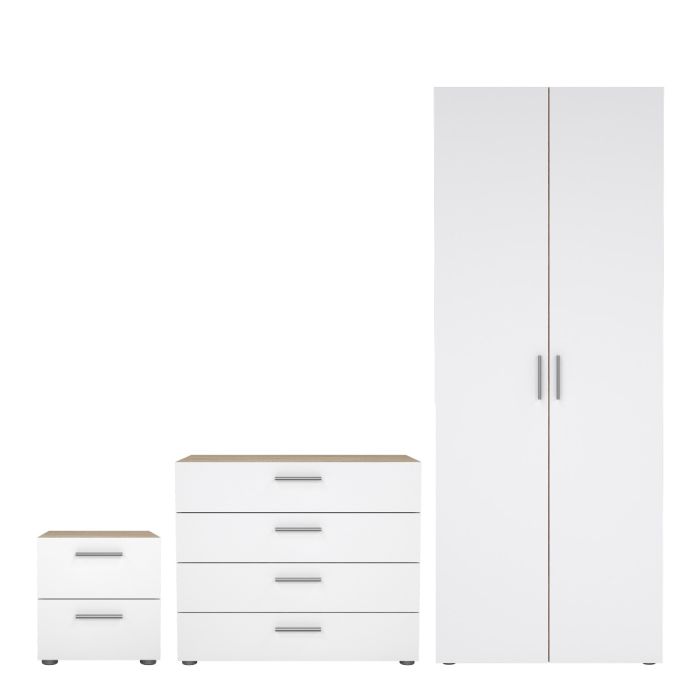 Pepe Package - Bedside 2 Drawers + Chest of 4 Drawers + Wardrobe with 2 doors in Oak with White High Gloss - UK