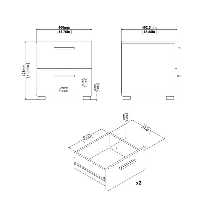 Pepe Package - Bedside 2 Drawers + Chest of 4 Drawers + Wardrobe with 2 doors in Oak with White High Gloss - UK