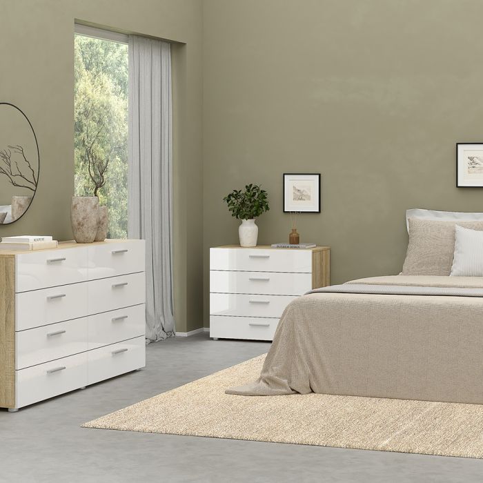 Pepe Package - Bedside 2 Drawers + Chest of 4 Drawers + Wardrobe with 2 doors in Oak with White High Gloss - UK