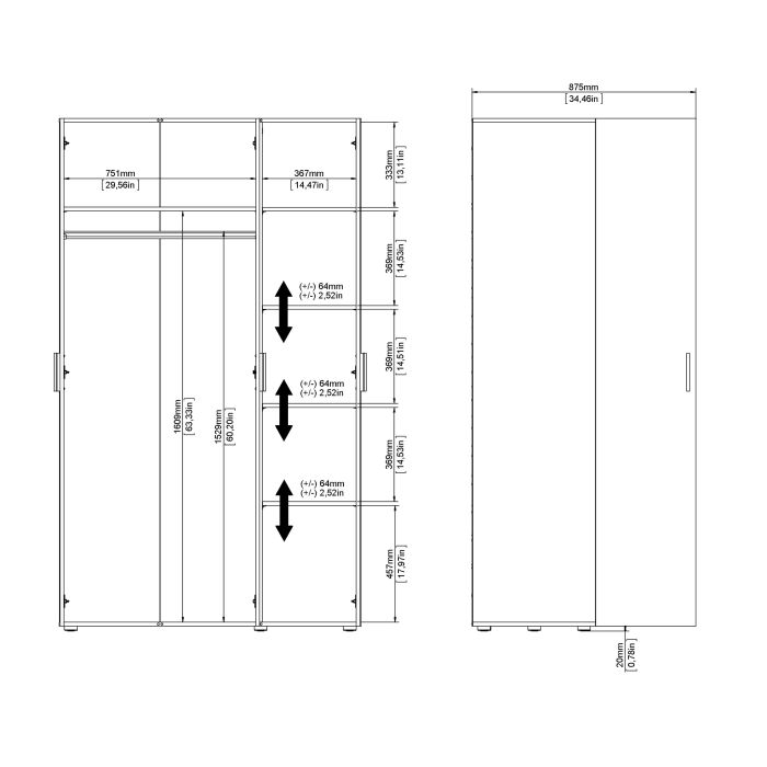 Pepe Wardrobe with 3 doors in White woodgrain - UK