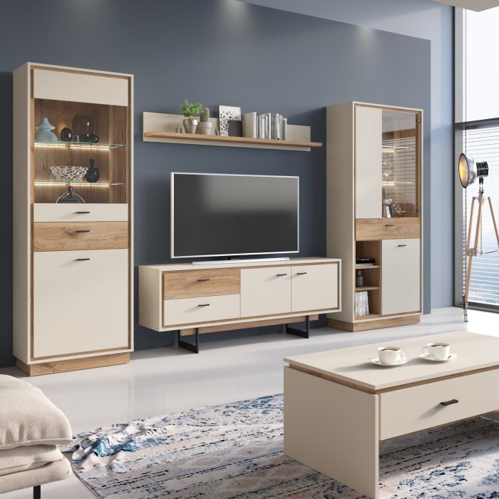 Rivero 2 Door 1 Drawer Display Cabinet in Grey and Oak - UK