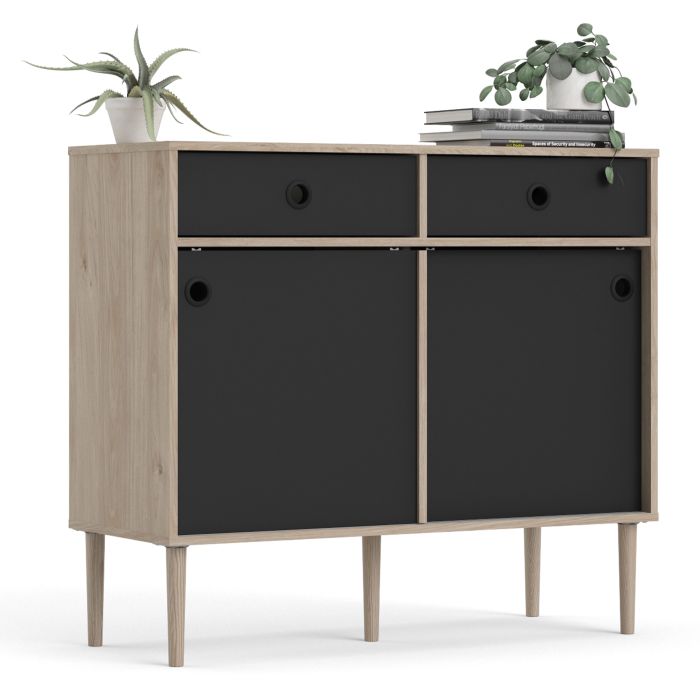 Rome Sideboard 2 Sliding Doors + 2 Drawers in Jackson Hickory Oak with Matt Black - UK