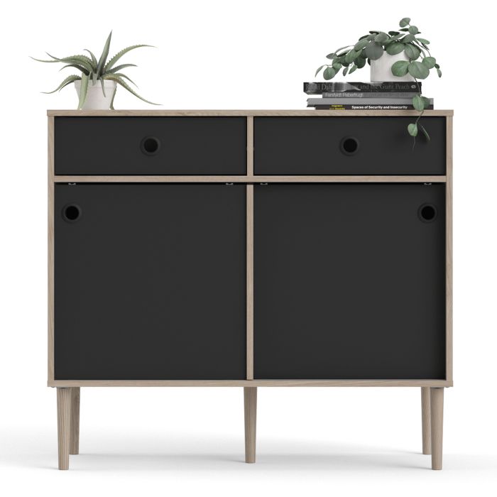 Rome Sideboard 2 Sliding Doors + 2 Drawers in Jackson Hickory Oak with Matt Black - UK