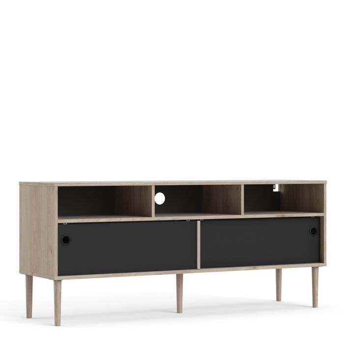 Rome TV-unit 2 Sliding Doors in Jackson Hickory Oak with Matt Black - UK