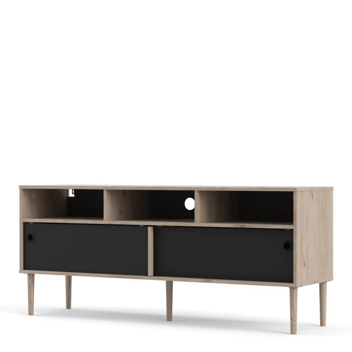 Rome TV-unit 2 Sliding Doors in Jackson Hickory Oak with Matt Black - UK