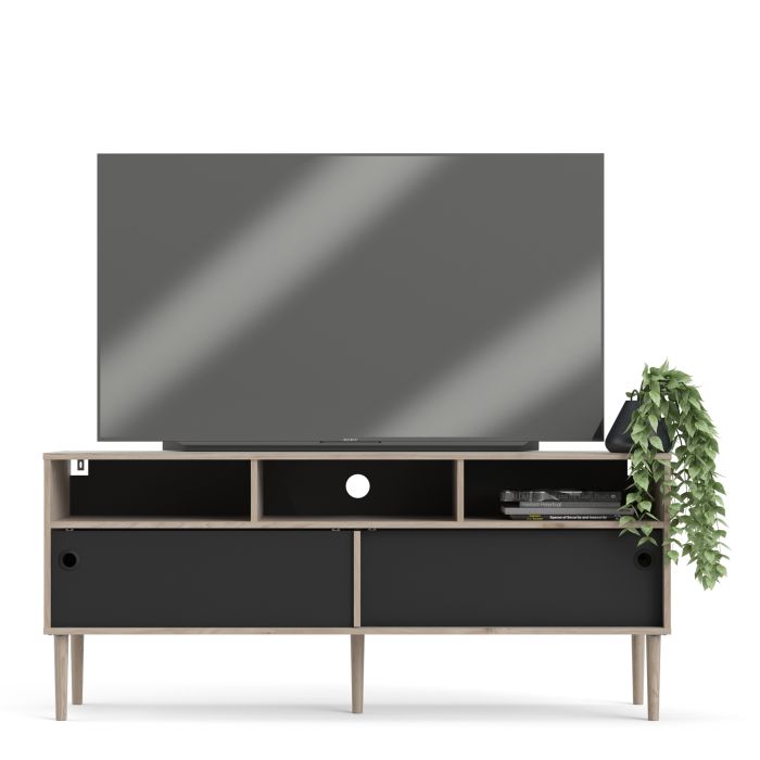 Rome TV-unit 2 Sliding Doors in Jackson Hickory Oak with Matt Black - UK