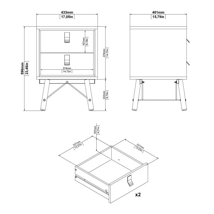 Ry Bedside Cabinet 2 Drawer in Jackson Hickory Oak - UK