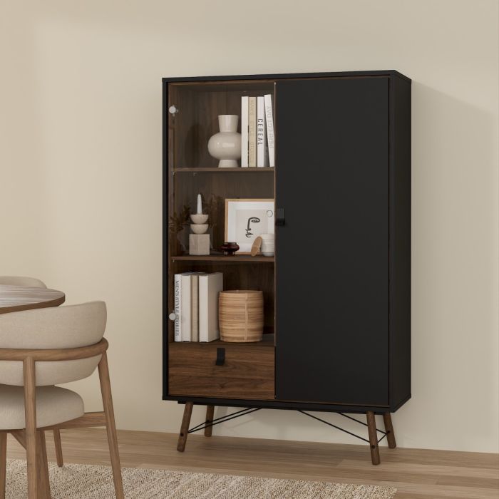 Ry China cabinet 1 door + 1 glass door + 1 drawer in Matt Black Walnut - UK