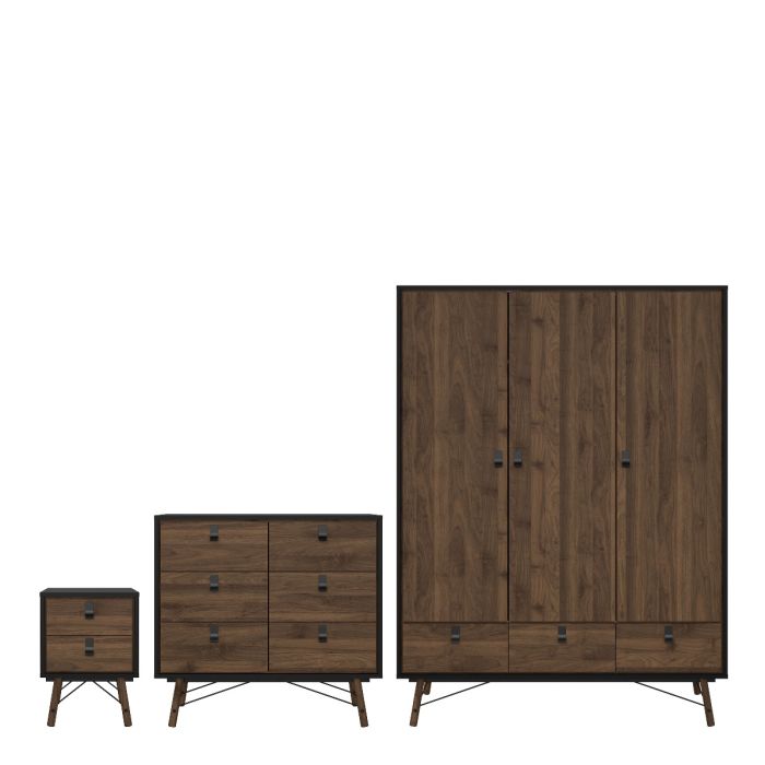 Ry Package - Wardrobe 3 doors + 3 drawers + Double chest of drawers 6 drawers + Bedside cabinet 2 drawer in Matt Black Walnut - UK