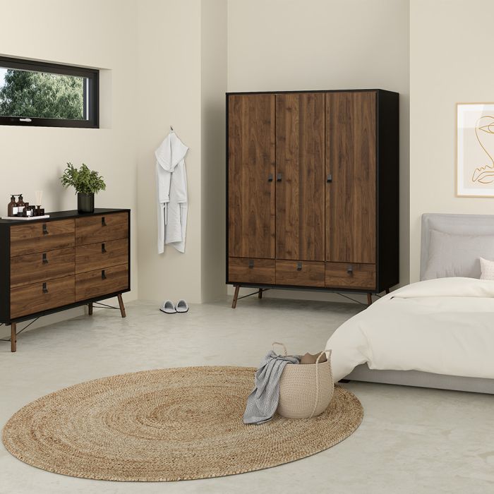 Ry Package - Wardrobe 3 doors + 3 drawers + Double chest of drawers 6 drawers + Bedside cabinet 2 drawer in Matt Black Walnut - UK