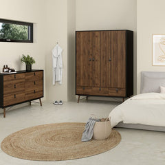 Ry Package - Wardrobe 3 doors + 3 drawers + Double chest of drawers 6 drawers + Bedside cabinet 2 drawer in Matt Black Walnut - UK - Furniture One Shop