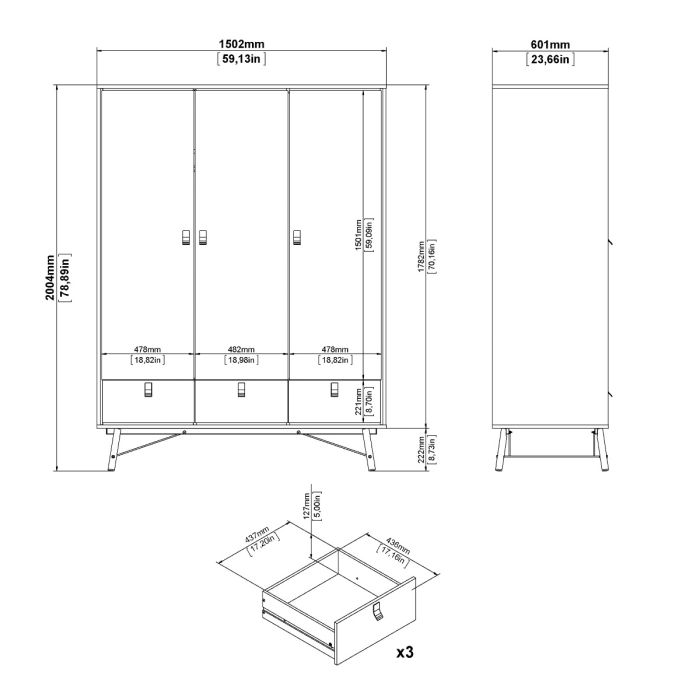 Ry Package - Wardrobe 3 doors + 3 drawers + Double chest of drawers 6 drawers + Bedside cabinet 2 drawer in Matt Black Walnut - UK
